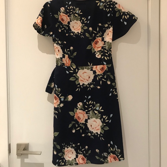 Navy Blue Floral Wrap Dress - Picture 2 of 4